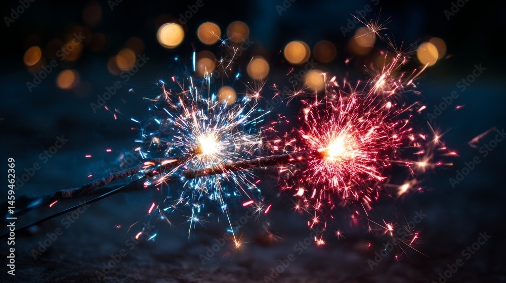 Fototapeta premium Red and blue sparklers glow with golden embers, soft fireworks in the distance. Celebrating Fourth of July with vibrant lights and vintage charm. 