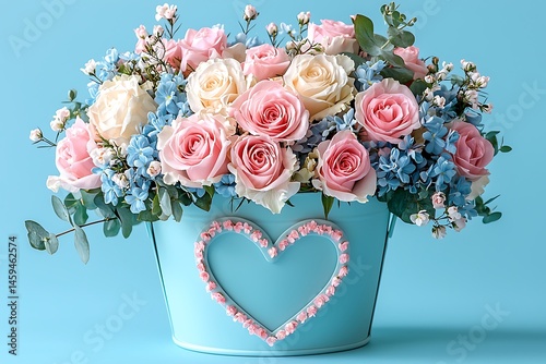 Pastel roses in a heart-shaped bucket