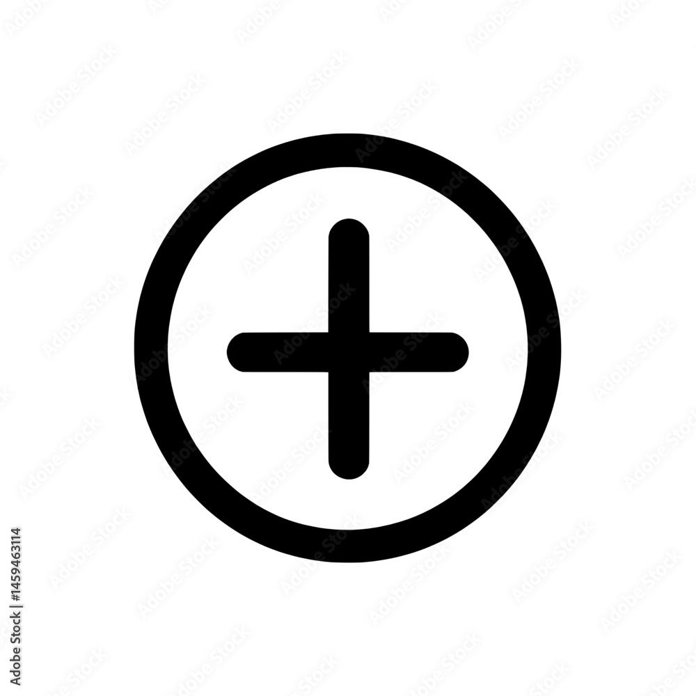 Minimal circular plus sign icon in bold black style representing addition, growth, or positive concept Minimal circular plus sign icon in bold black style representing addition, growth, or positive concept