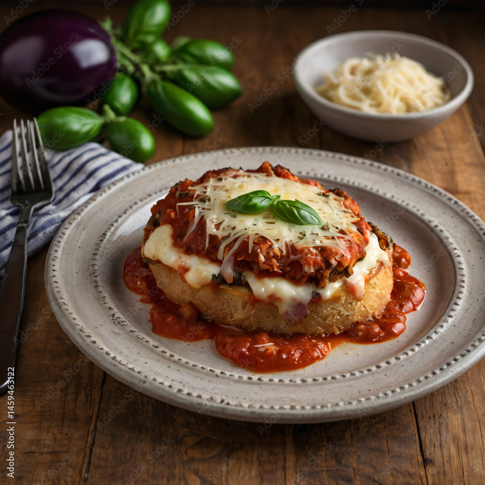 Creamy Eggplant Parmesan on Wooden Table Creamy Eggplant Parmesan on Wooden Table