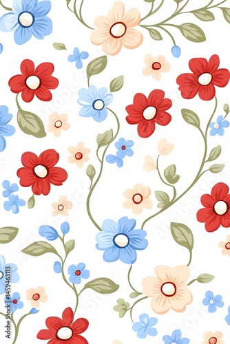 Delightful floral pattern with red, blue, and peach blossoms on white background, intertwined with green vines
