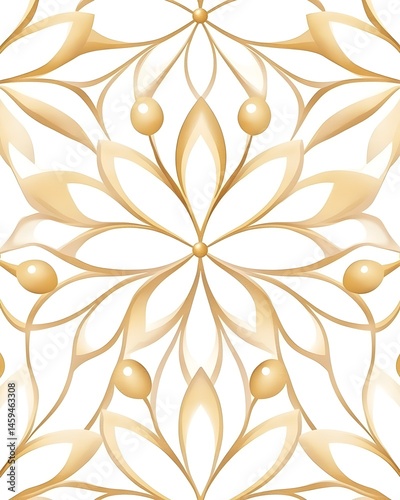 Elegant gold floral pattern, symmetrical design with orbs and petals on a white background