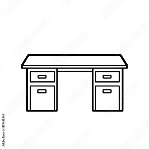 Office desk icon with three drawers and flat top in line art style for workplace or study representation