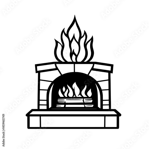 Illustration of a traditional fireplace with visible burning fire and brick mantle in line art style