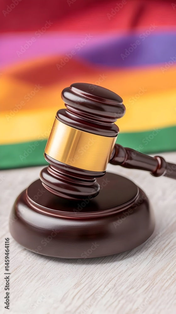 Gavel rests on a sound block before a rainbow flag
