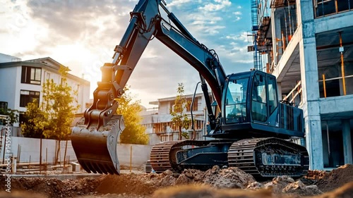 Autonomous robotic excavator digging at a futuristic construction site