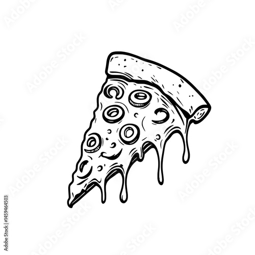 Detailed illustration of a pizza slice with melted cheese and toppings in hand-drawn black and white style