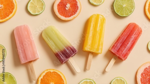 Colorful Ice Pops Surrounded by Fresh Citrus Fruits on a Yellow Background
