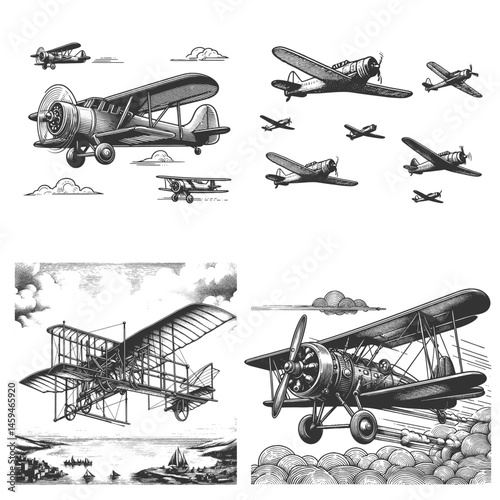 airplanes Set collection bundle sketch engraving generative ai vector illustration. Scratch board imitation. Black and white image.