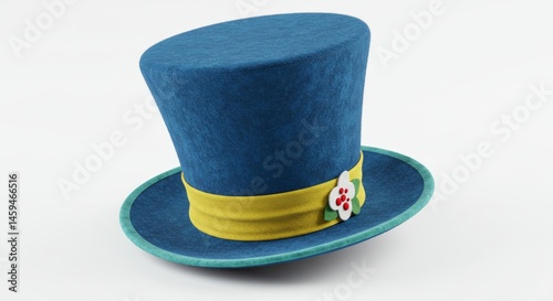 Stylish Blue Top Hat with Yellow Band - A vibrant blue top hat adorned with a yellow band and a small flower detail. Perfect for whimsical fashion or themed events