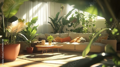 Sunny living room with plants, cozy sofa, and warm light