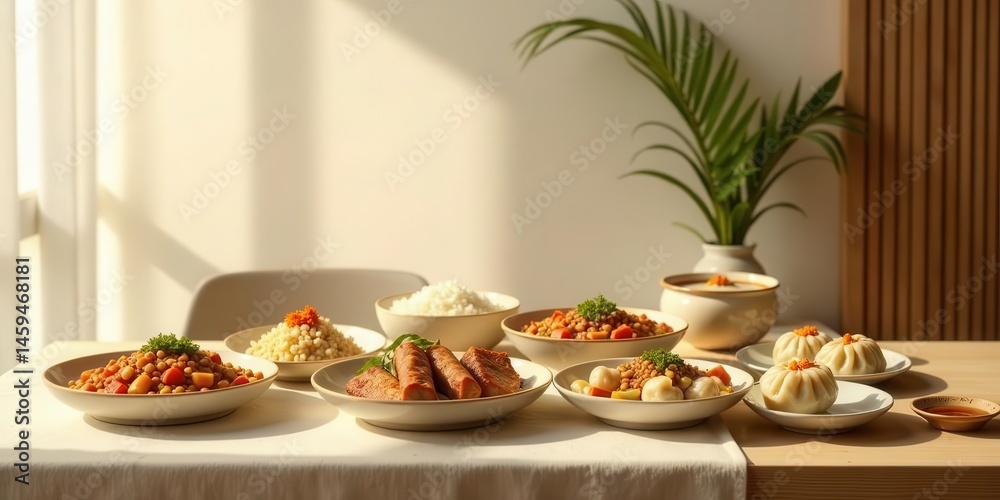 Naklejka premium A sunlit table displays a delightful array of diverse culinary creations, featuring savory stews, fluffy rice, and delicate steamed buns, offering a visual feast of delicious and wholesome food.