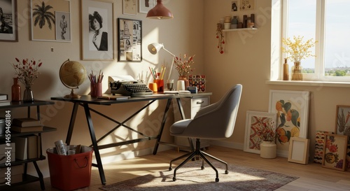 Sunny Workspace Home Office Desk Setup - A bright, inviting workspace featuring a desk, chair, and inspiring decor. Symbolizes productivity, creativity, organization, comfort, and inspiration