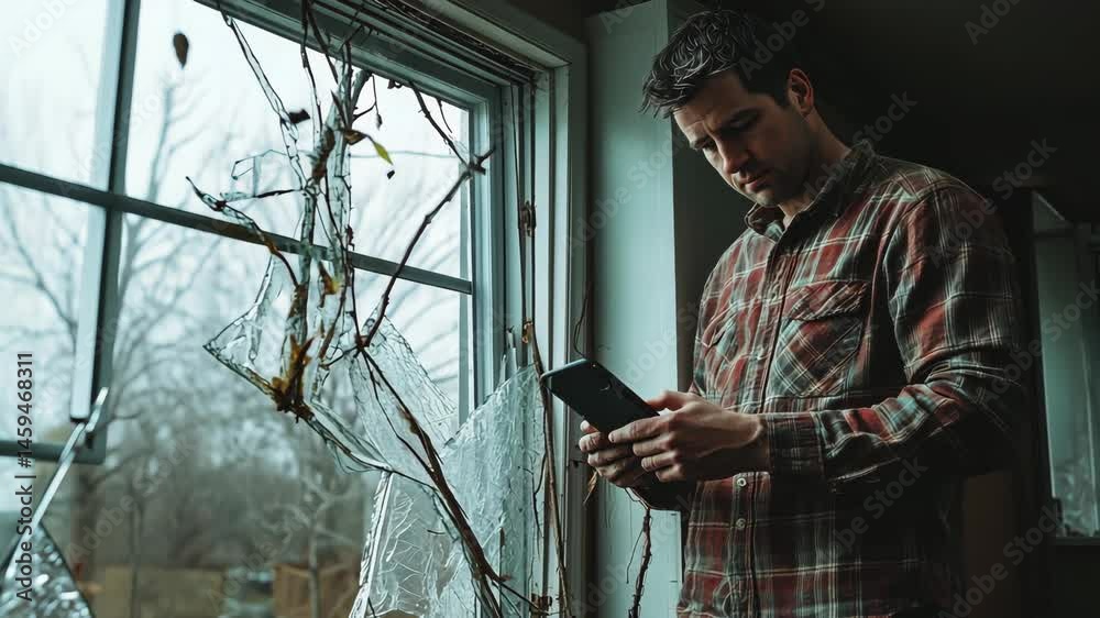 Homeowner investigates damage while using phone near broken window in modern interior Homeowner investigates damage while using phone near broken window in modern interior