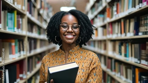 Librarian stands proudly among towering bookshelves holding a book in a quiet library space