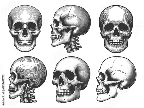 Human Skull Set collection bundle sketch engraving generative ai vector illustration. Scratch board imitation. Black and white image.