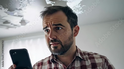Man documenting severe water damage on ceiling in residential home with concern over ongoing repairs