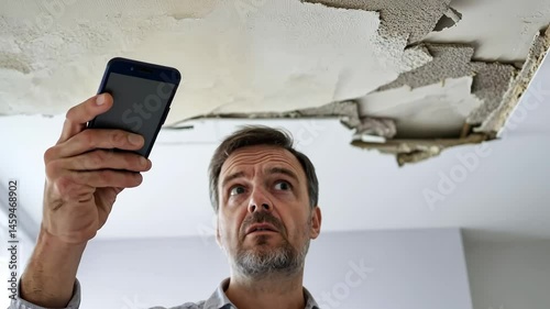 Man documenting water damage on ceiling in living room while holding smartphone and assessing situation