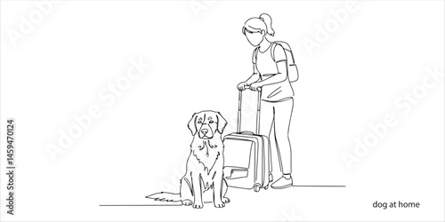 Pet owner leaving the dog at home alone while on vacation continuous single line art drawing sketch on white background