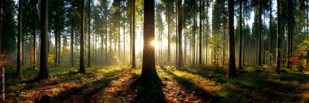 Fototapeta Sunlight streaming through a peaceful forest at sunrise