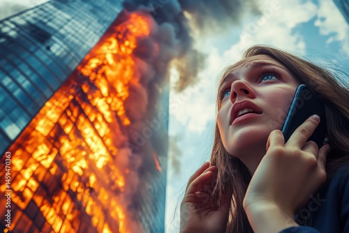 Scared girl calls emergency near burning tower