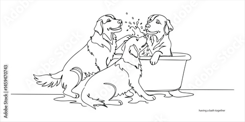 dogs having a bath together continuous single line art drawing sketch on white background