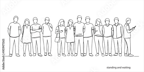 people standing and waiting continuous single line art drawing sketch on white background