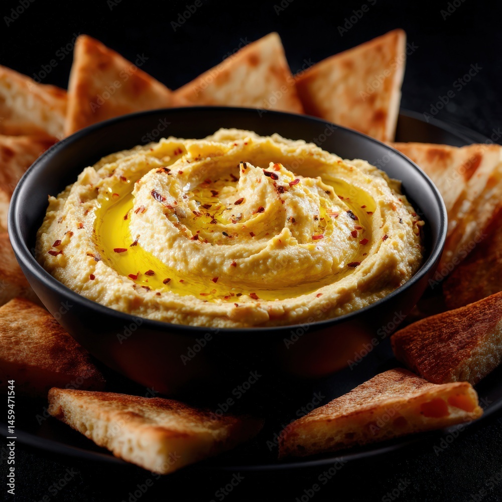 A Bowl of Creamy Hummus with Olive Oil Drizzle and Pita Dip A Bowl of Creamy Hummus with Olive Oil Drizzle and Pita Dip