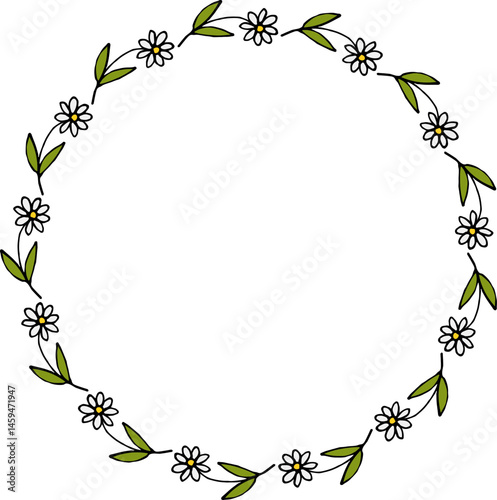 Round frame with pleasant horizontal chamomile on white background.eps