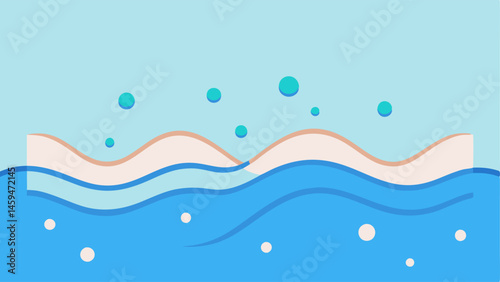 Hydration Waves Depict waves of hydration emanating from a skin treatment zone with tiny particles riding the waves to illustrate deep moisture tration.