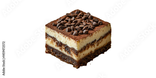 Tiramisu Dessert Slice With Chocolate Chips. Italian Coffee-Flavored Layered Cake Isolated On Transparent Background