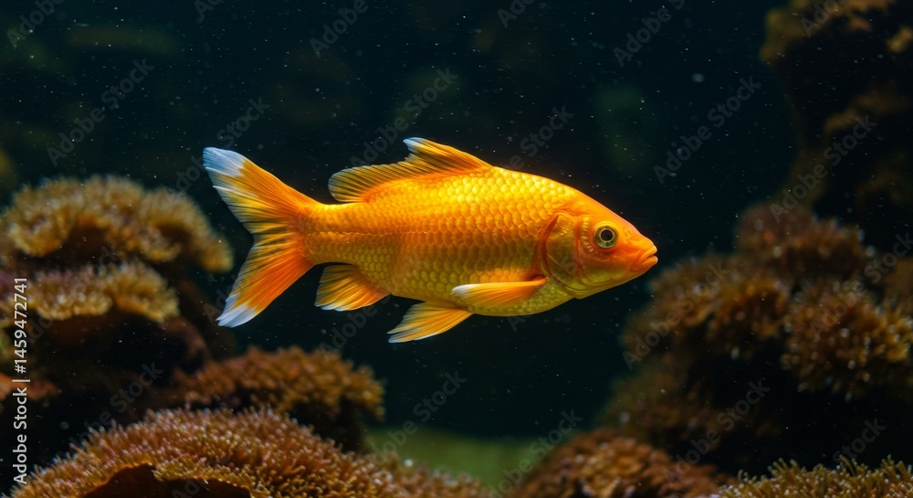 Fototapeta premium Vibrant Orange Koi Fish in Aquarium - A single, bright orange koi fish swims gracefully amidst underwater coral formations. Its scales shimmer