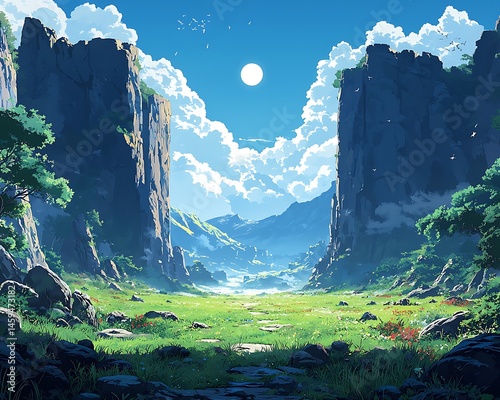 Serene valley landscape, sunlit meadow between towering cliffs