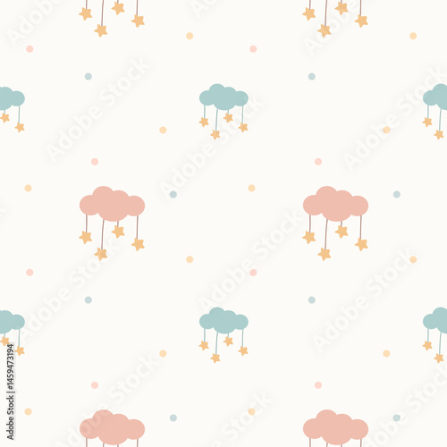 Cloud blue pink and star cartoon so cute. On polka dots white background. Pattern seamless vector illustration. 