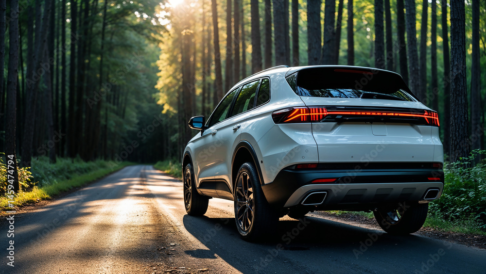 Modern suv car driving on scenic forest road at sunset Modern suv car driving on scenic forest road at sunset