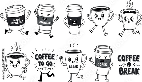 Cartoon coffee character. Comic vintage style coffee to go poster. Retro concept with breakfast drinks in cup for cafe. Walking mascot cappuccino take away