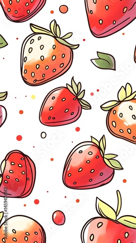 Watercolor illustration of ripe strawberries scattered on a white background