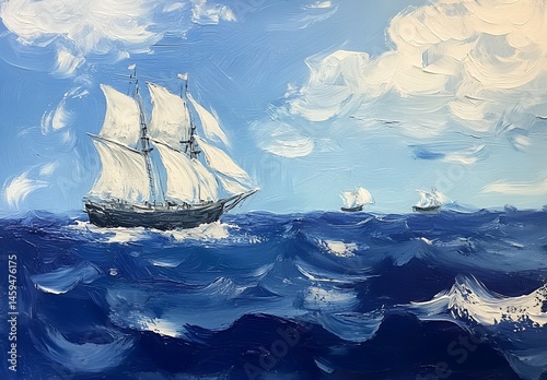 Majestic Sailing Ships on a Blue Ocean under a Bright Sky A Vibrant Oil Painting