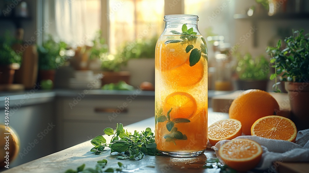 Fototapeta premium Refreshing citrus drink in glass jar