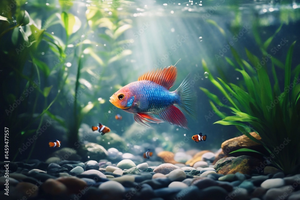 Naklejka premium The smooth movements of the fish among the algae in the aquarium create the effect of calm, which is emphasized by soft lighting.