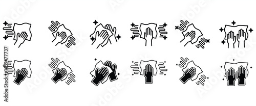 Cleaning cloth icon set. Vector icon set featuring various movements of equipment. Cleaning cloth symbol. Household appliances sign. Vector illustration on transparent background. Flat Icon Set