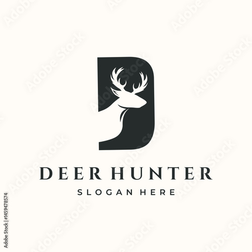 illustration, design, retro, deer, hunter, hunting, animal, wildlife, head, silhouette, letter, d, antler, horn, nature, outdoor, sport, game, wild, mammal, graphic, element, symbol, icon, classic
