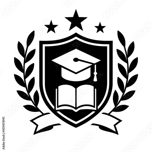 Black and White Vector Illustration of an Educational Emblem with Graduation Cap and Book