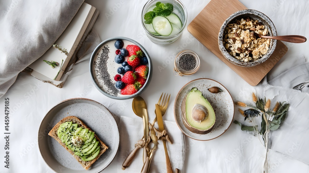 Healthy Breakfast Flat Lay: Yogurt, Granola, Toast, Avocado