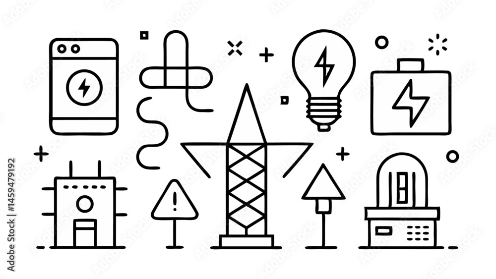 Fototapeta premium Electricity line icon set displaying power lines and lighting icons to represent energy distribution and management
