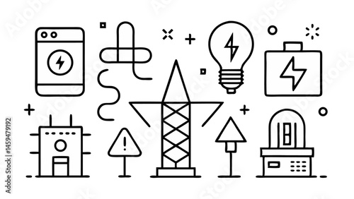 Electricity line icon set displaying power lines and lighting icons to represent energy distribution and management