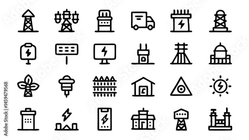 Energy and power line icon set with linear style icons representing energy distribution and electrical grids in digital projects