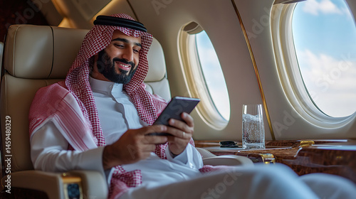 Saudi Man on Private Jet with Tablet