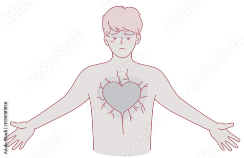An illustration vividly depicting a young man with a broken heart, symbolizing deep sadness and emotional pain