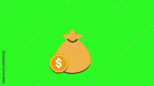Money bag financial animation. Isolated on green color background.